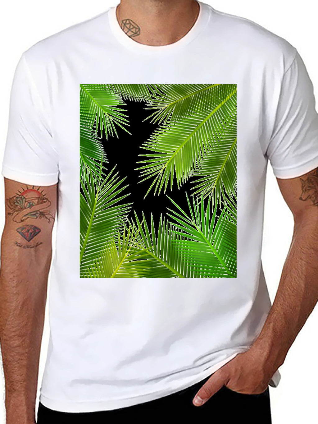 Tropical Palm Leaf Print Black T-Shirt