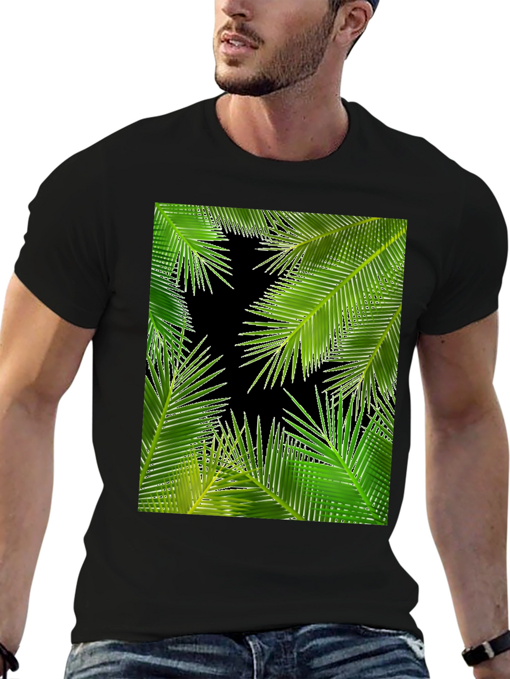 Tropical Palm Leaf Print Black T-Shirt