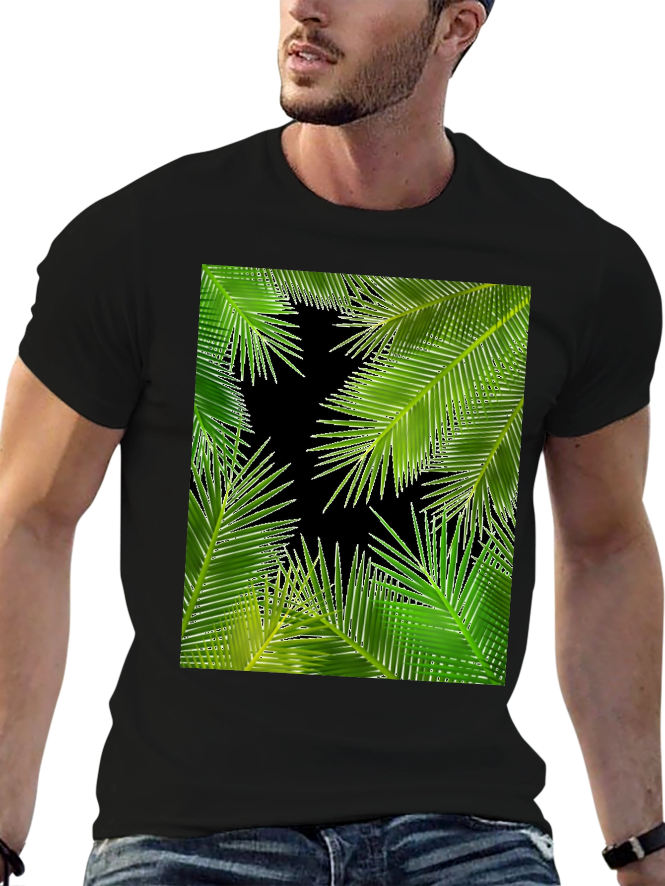 Tropical Palm Leaf Print Black T-Shirt