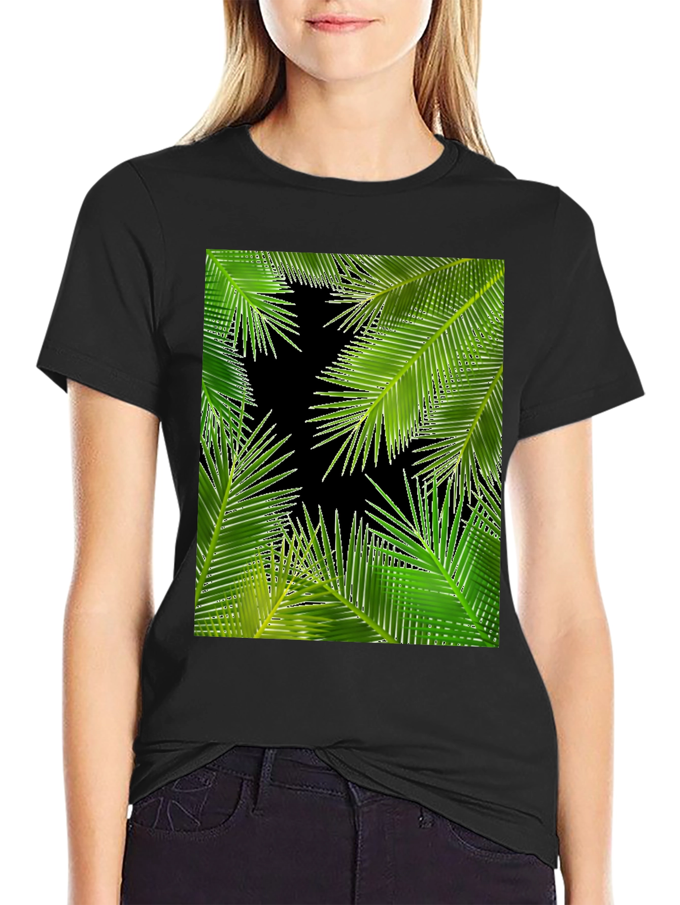 Tropical Palm Leaf Print Black T-Shirt