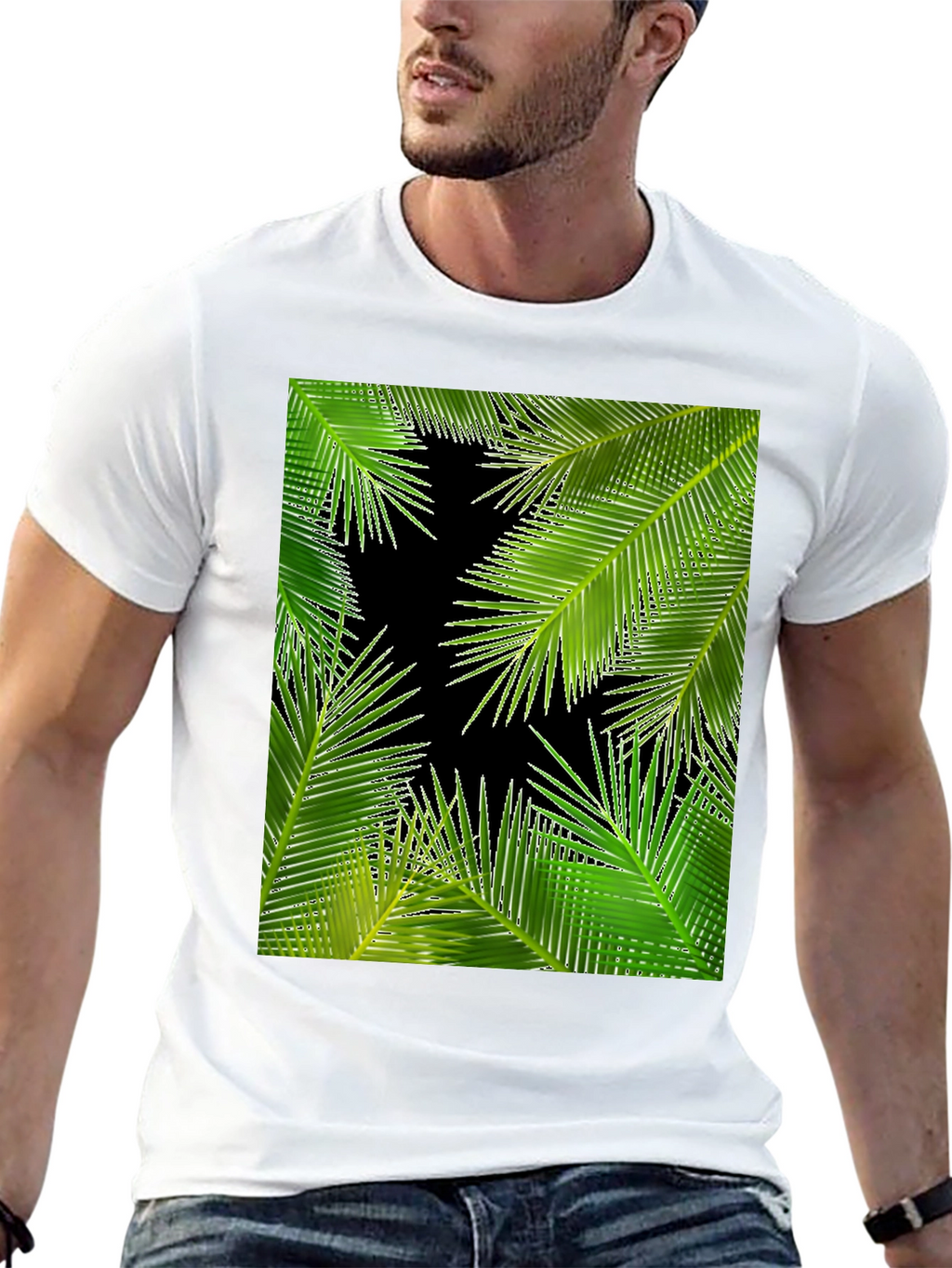 Tropical Palm Leaf Print Black T-Shirt
