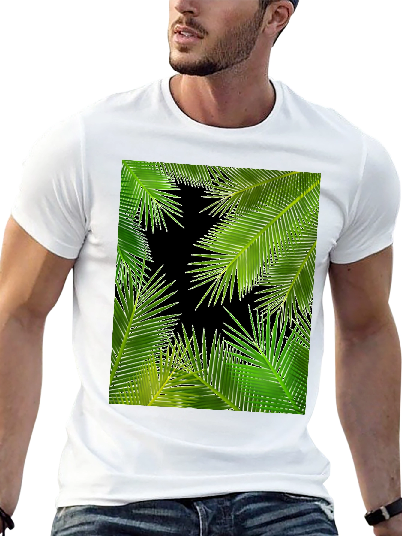 Tropical Palm Leaf Print Black T-Shirt