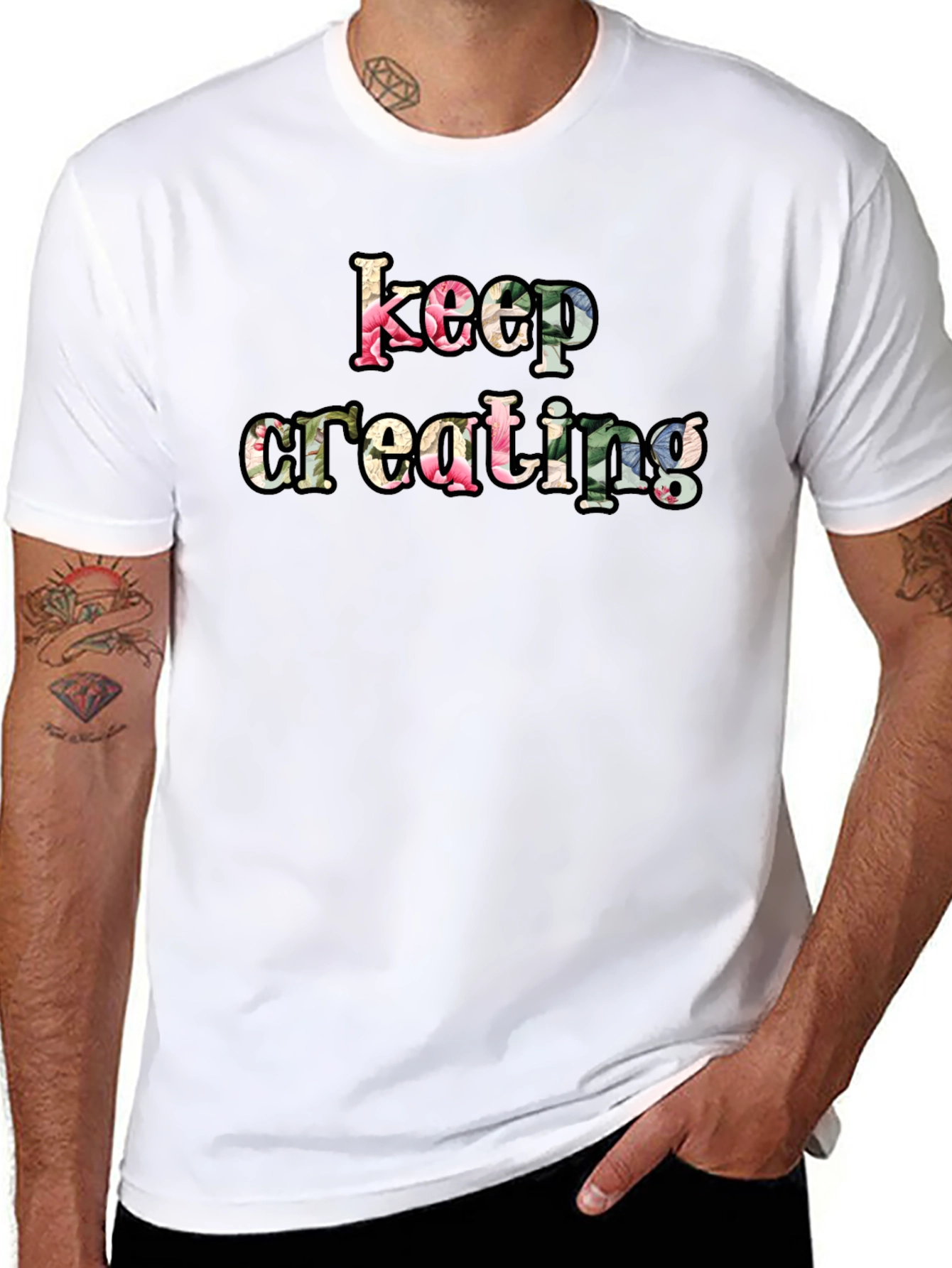 Keep Creating Floral Letter Black T-Shirt