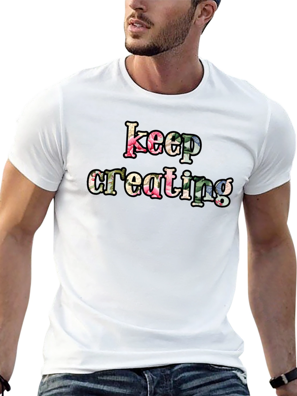 Keep Creating Floral Letter Black T-Shirt