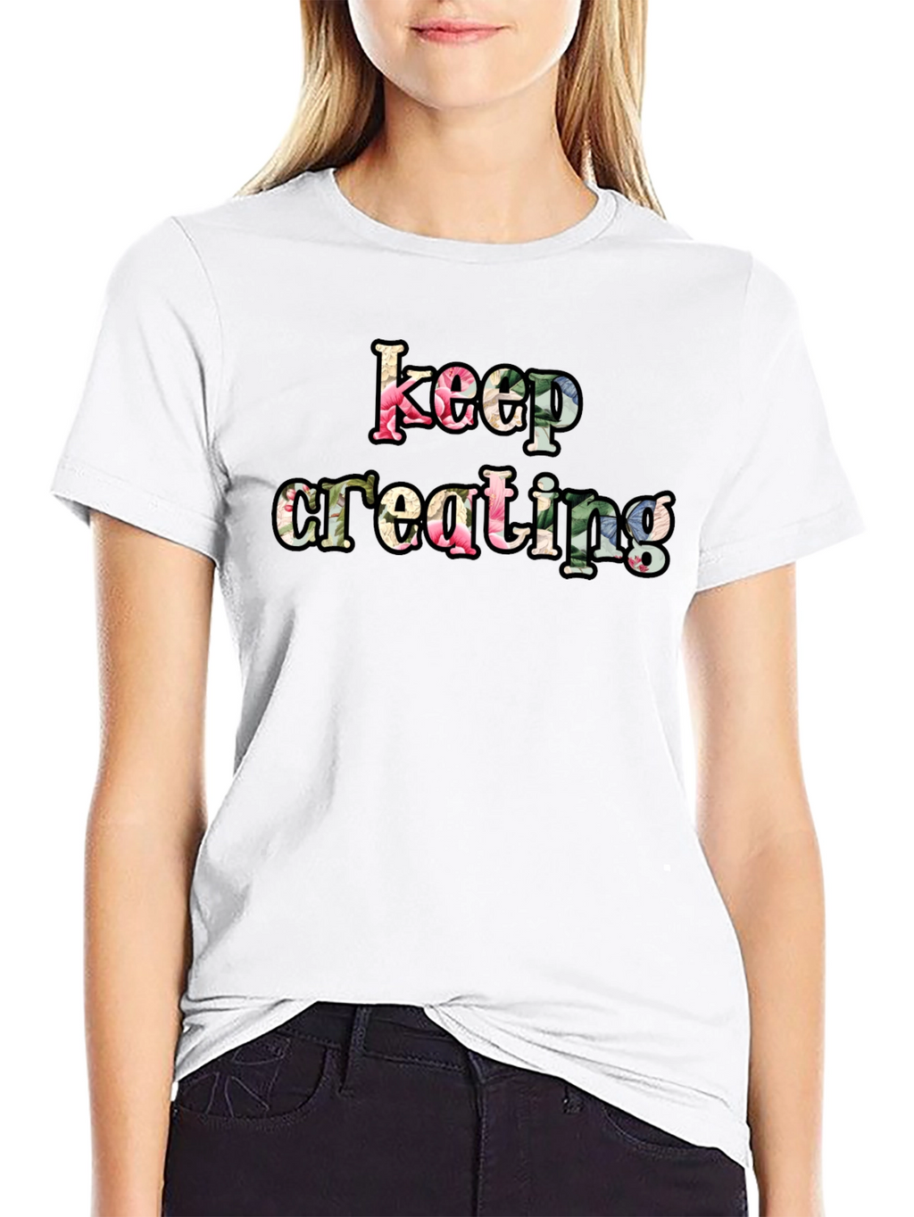 Keep Creating Floral Letter Black T-Shirt