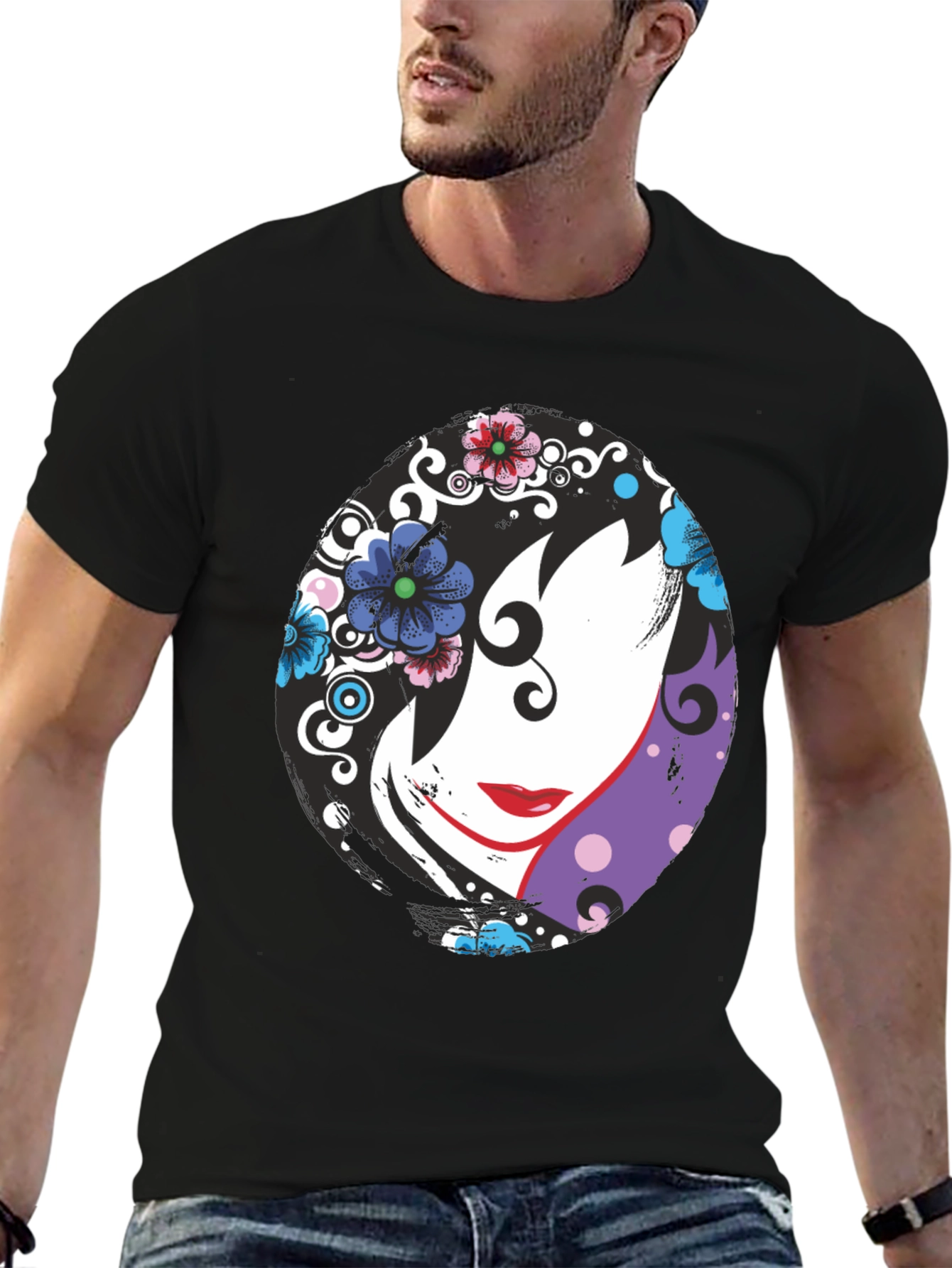 Floral Face Black T-Shirt