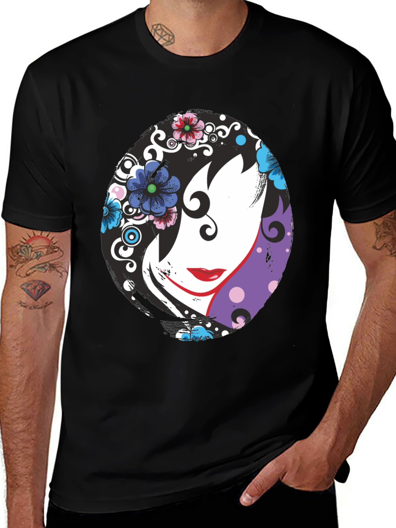 Floral Face Black T-Shirt