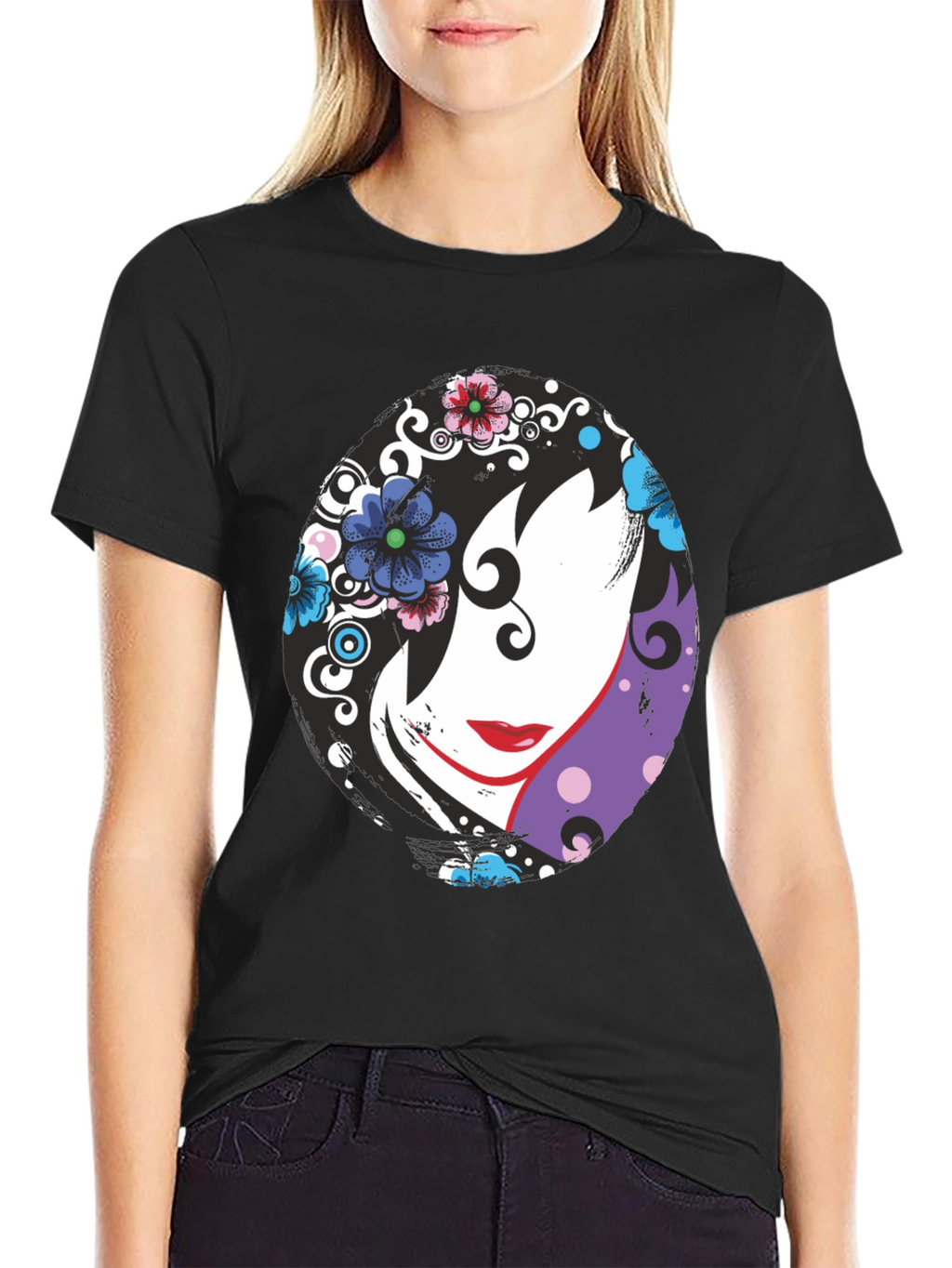 Floral Face Black T-Shirt