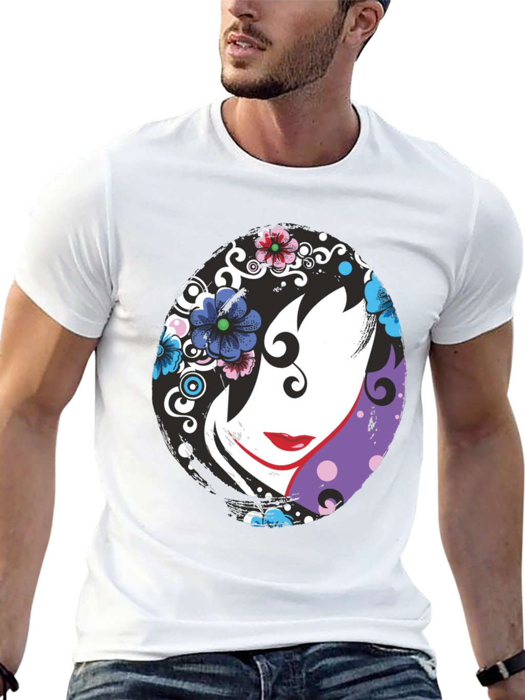Floral Face Black T-Shirt