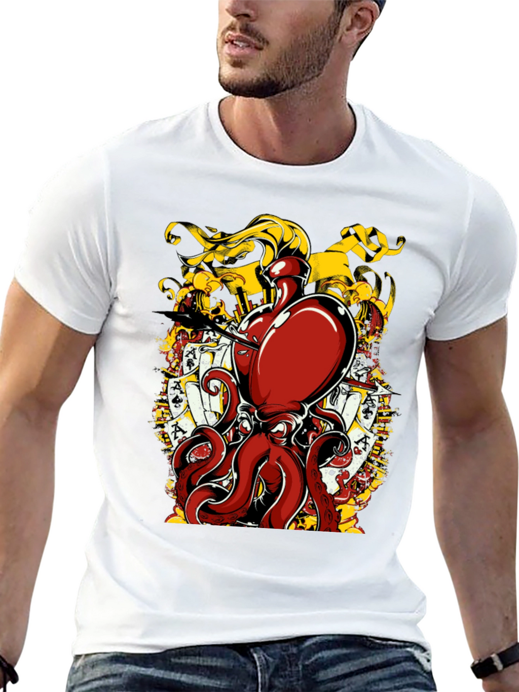 Octopus Poker Card Graphic T-Shirt