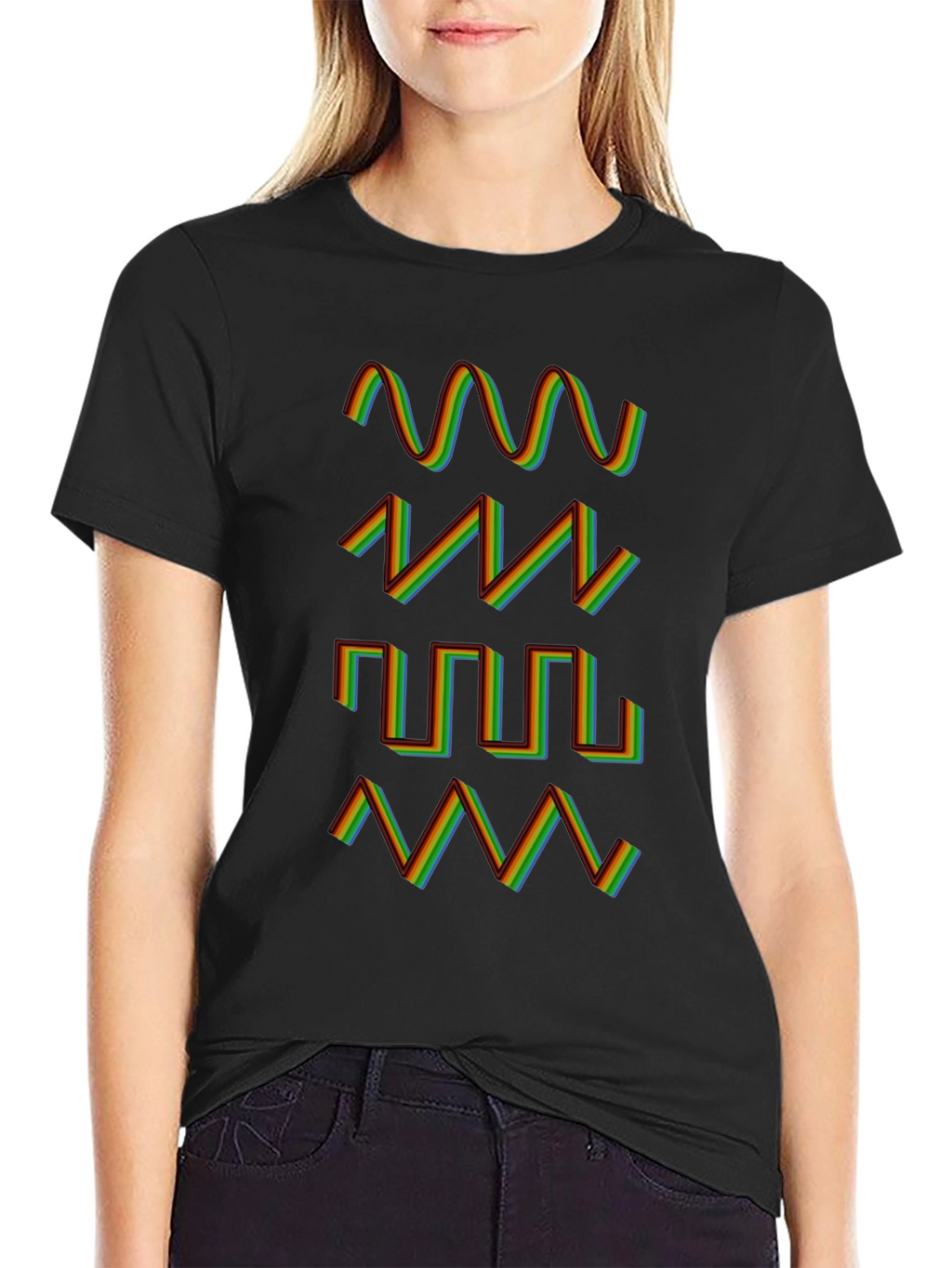 Rainbow Waveform Pattern Black T-Shirt