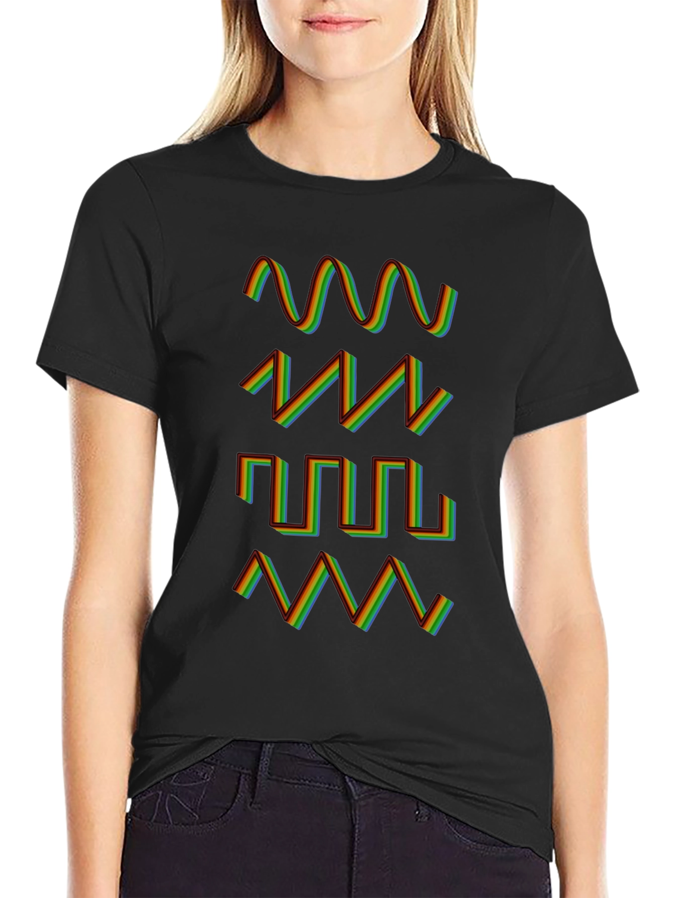 Rainbow Waveform Pattern Black T-Shirt