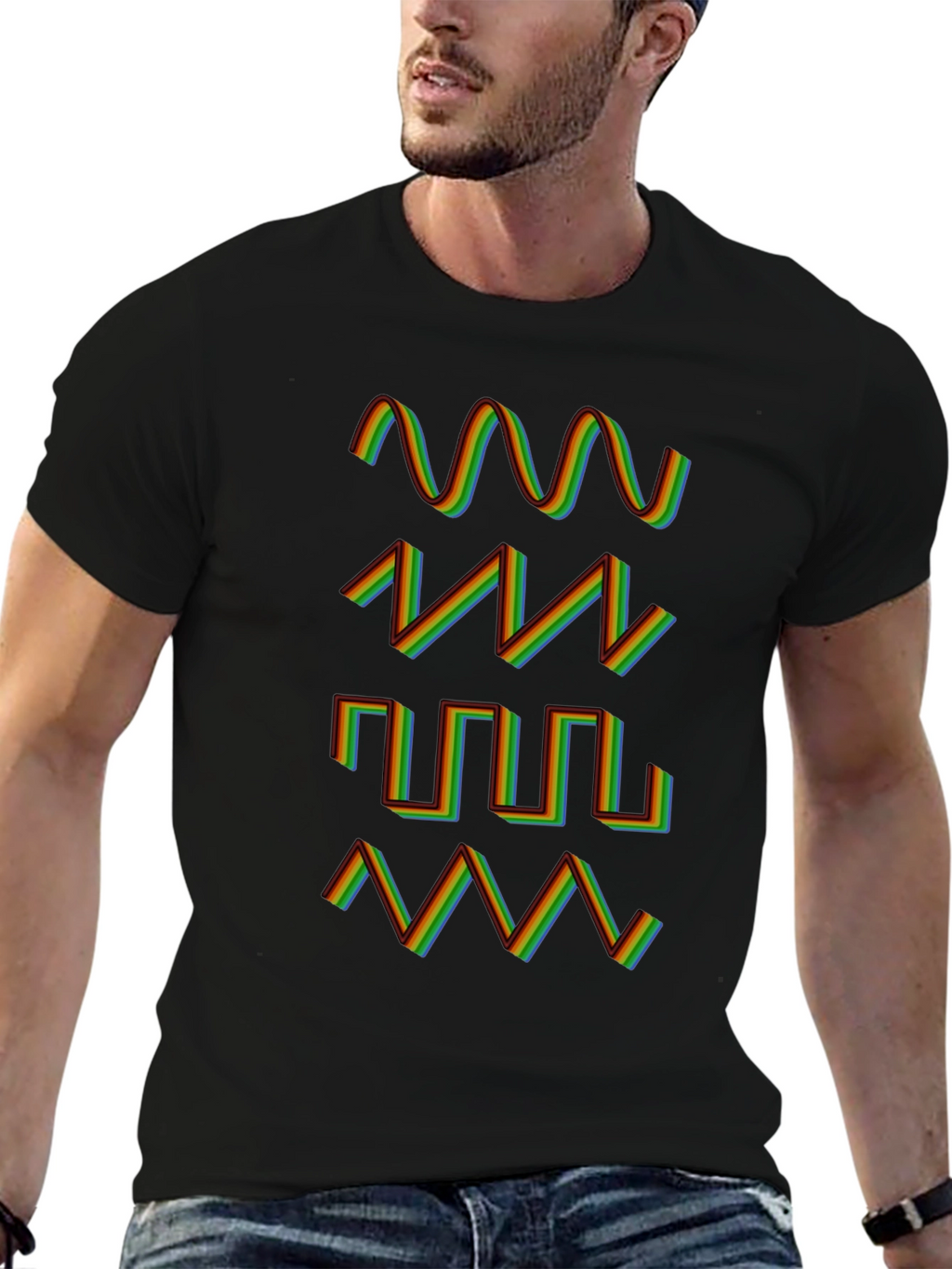 Rainbow Waveform Pattern Black T-Shirt