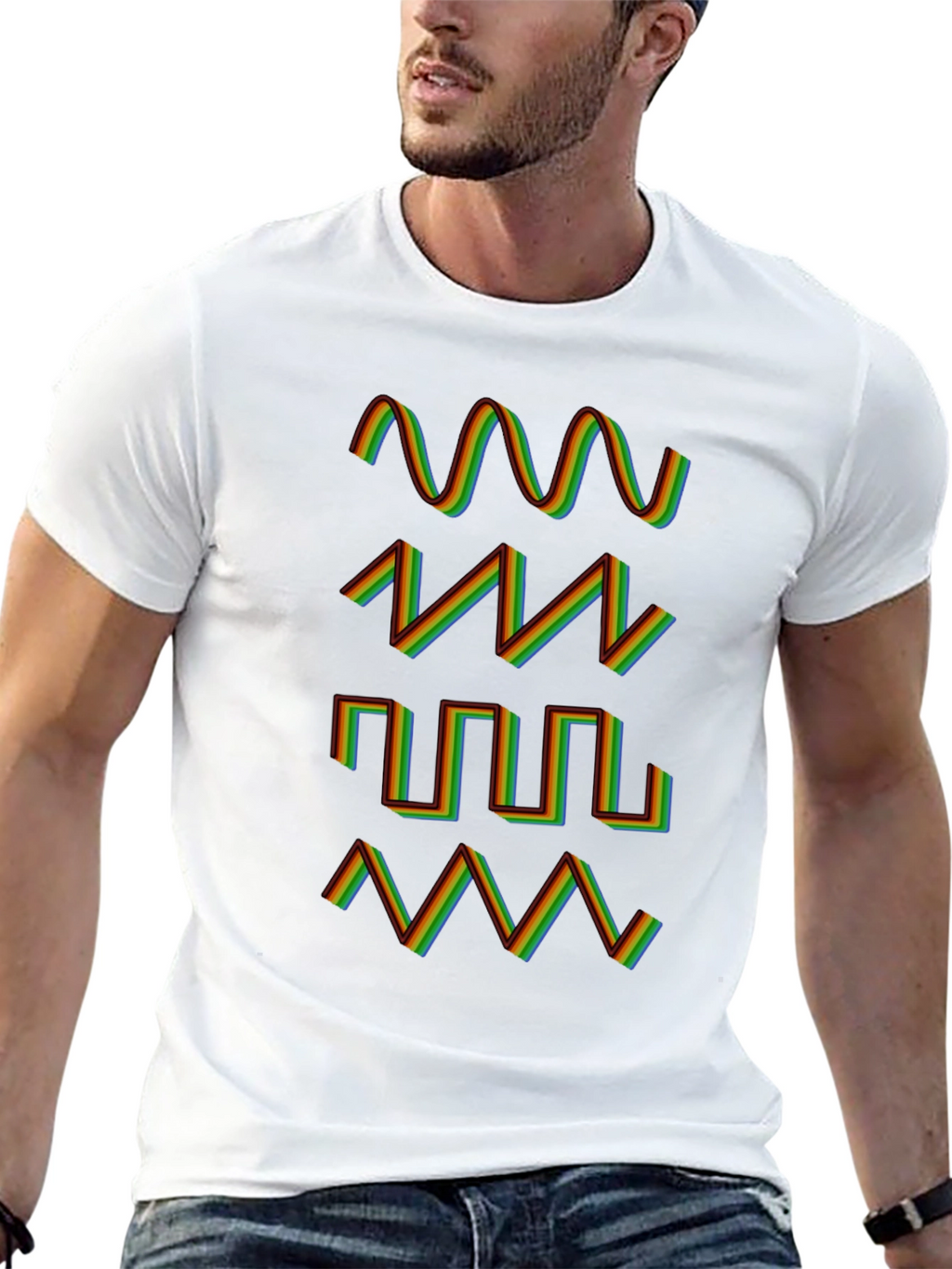 Rainbow Waveform Pattern Black T-Shirt