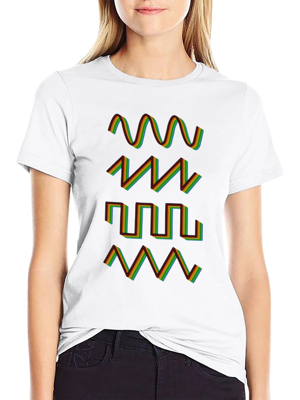 Rainbow Waveform Pattern Black T-Shirt
