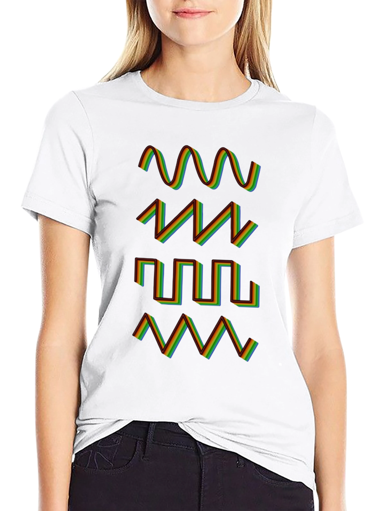 Rainbow Waveform Pattern Black T-Shirt