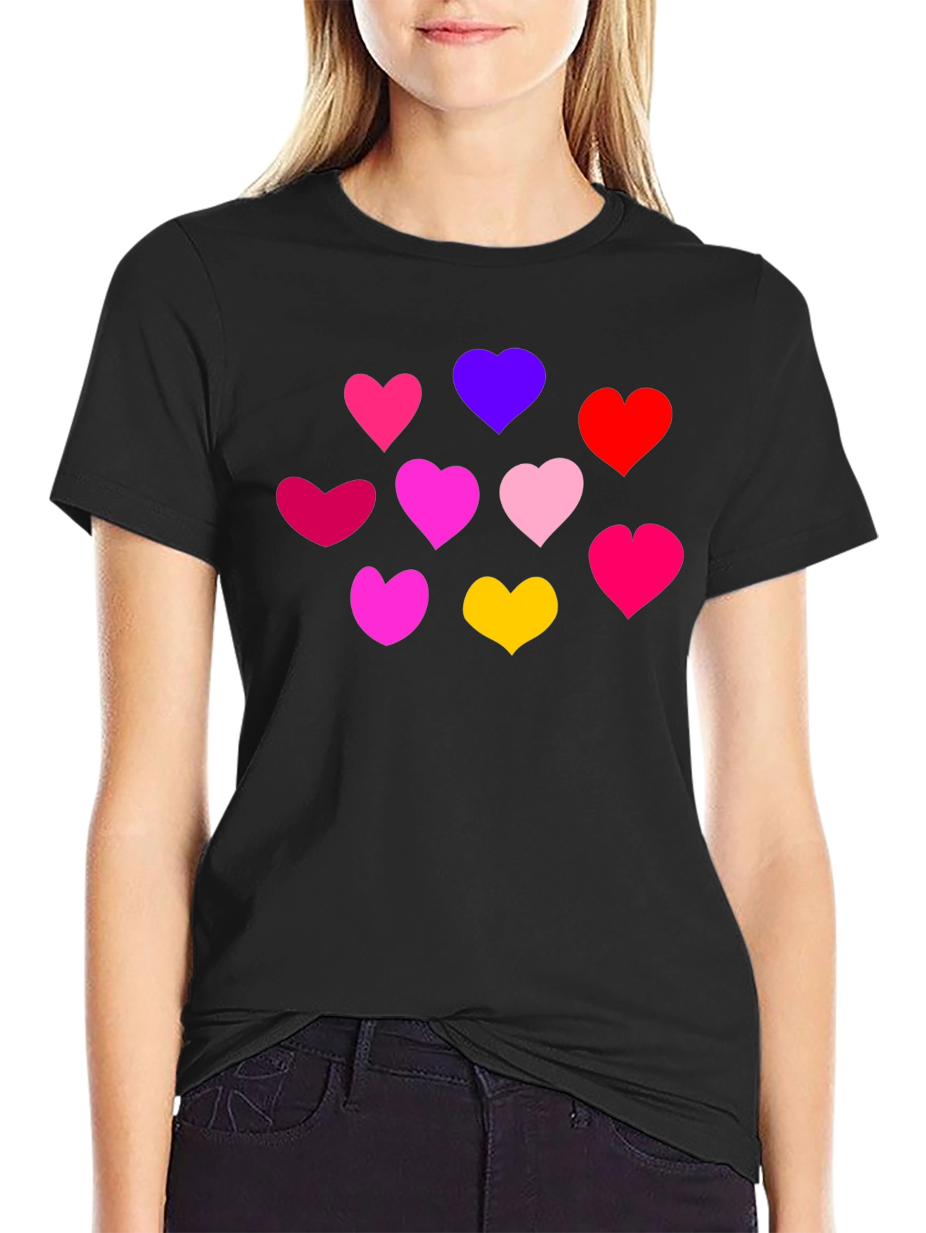 Heartful Tee: Colorful Hearts on Black Shirt