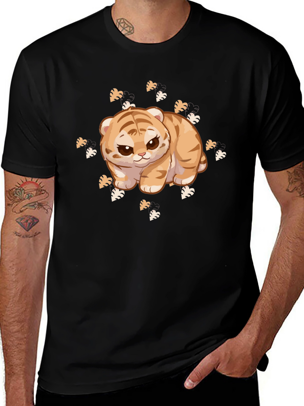 Cute Tiger Cub Graphic Print Black T-Shirt