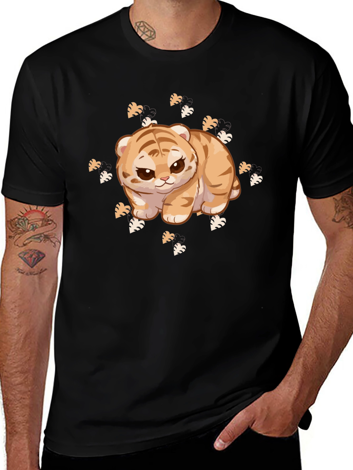 Cute Tiger Cub Graphic Print Black T-Shirt