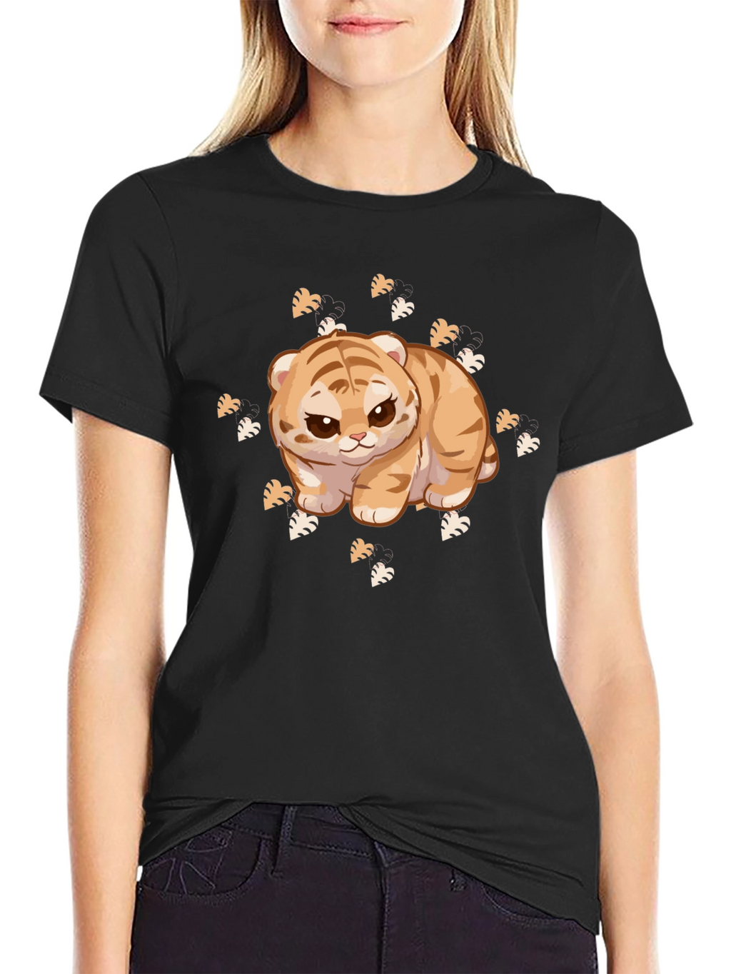 Cute Tiger Cub Graphic Print Black T-Shirt