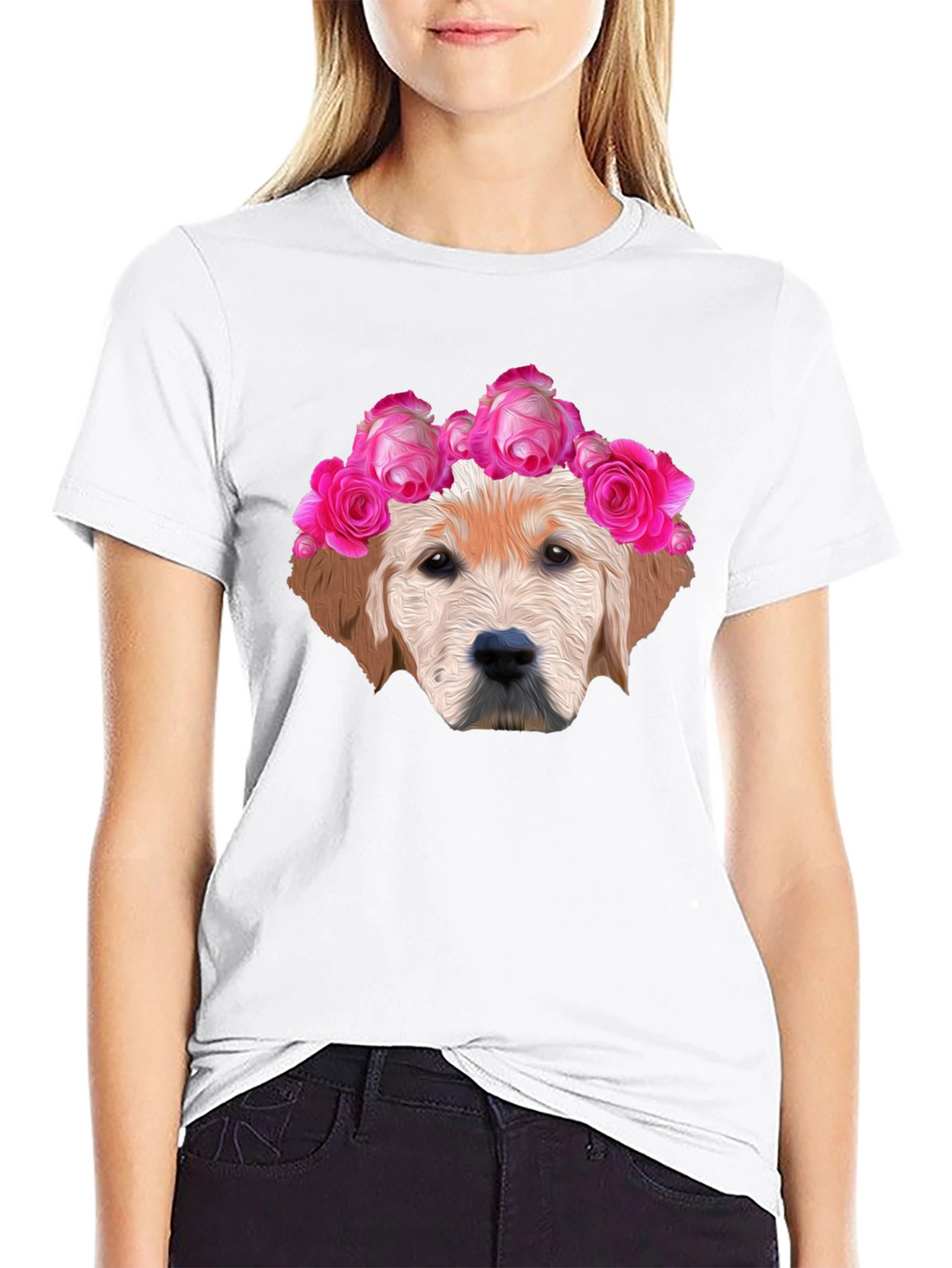 Dog with Floral Crown Graphic Tee - Black