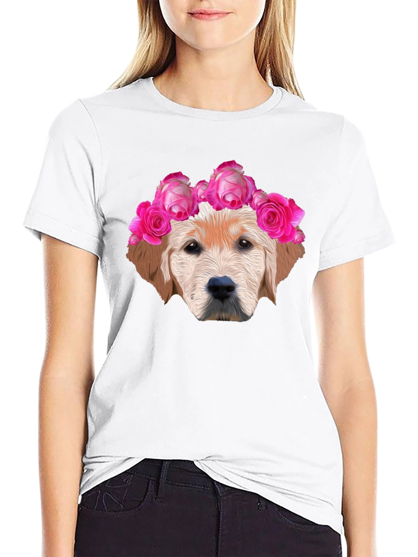 Dog with Floral Crown Graphic Tee - Black