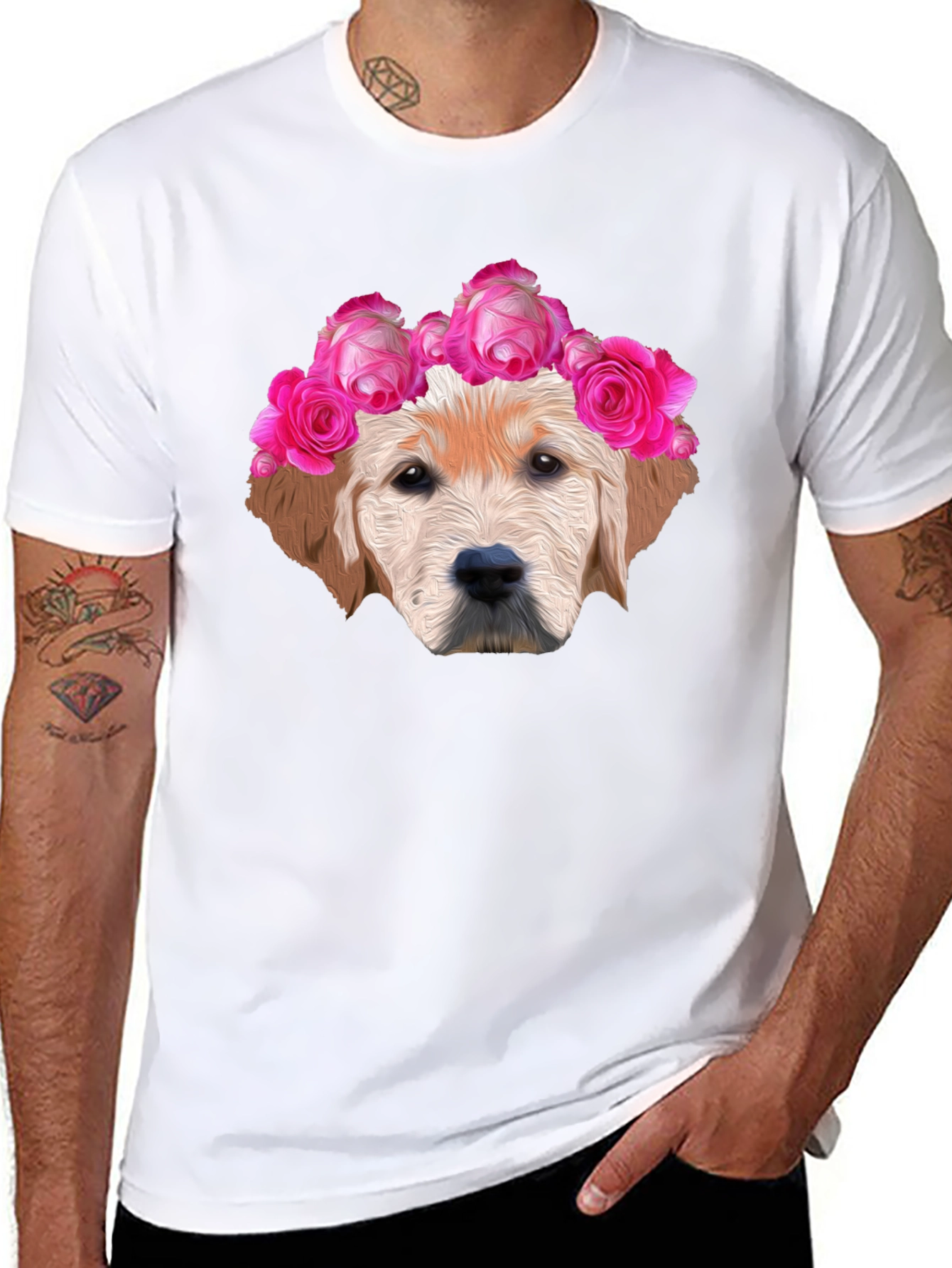 Dog with Floral Crown Graphic Tee - Black