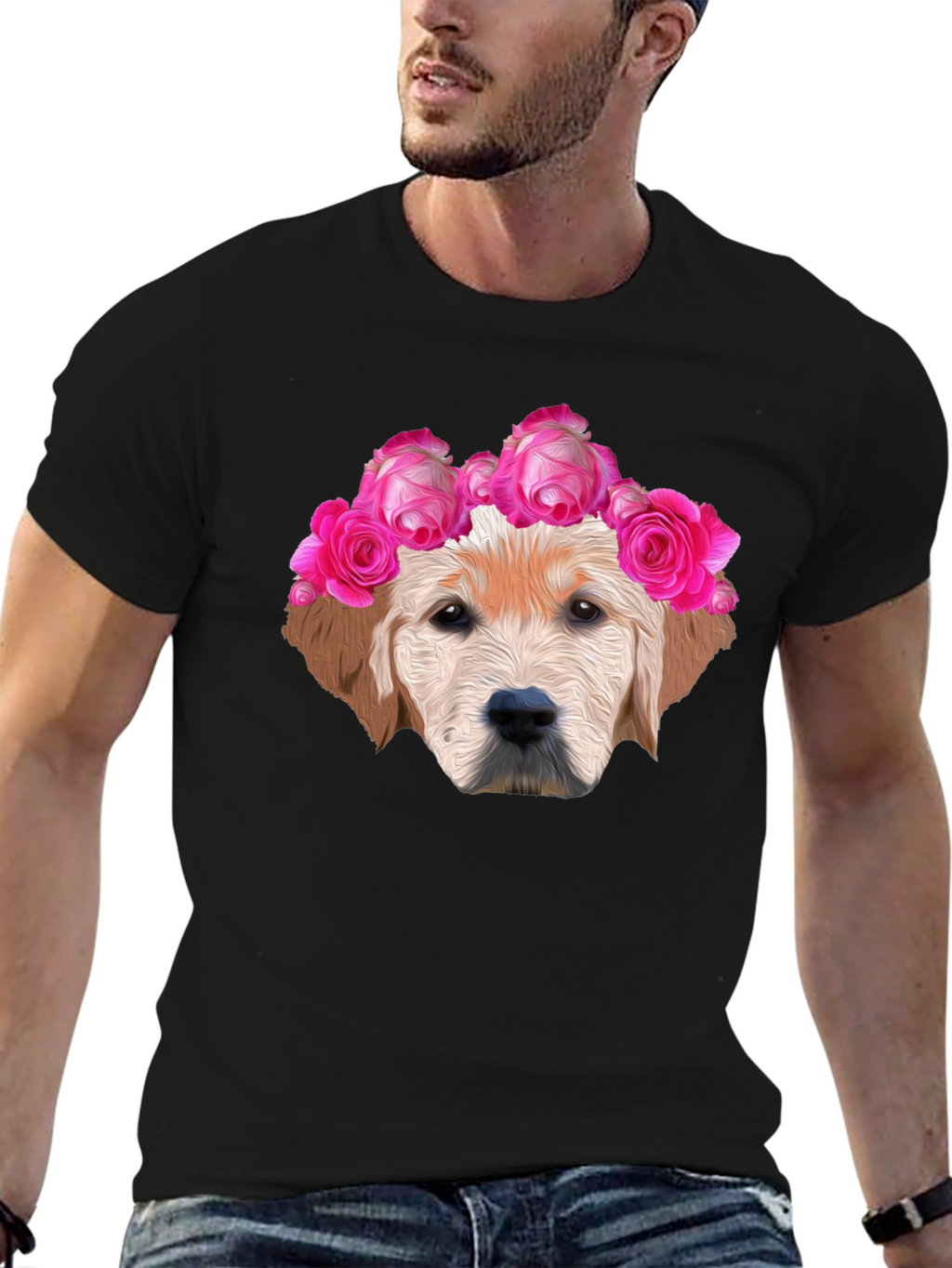 Dog with Floral Crown Graphic Tee - Black