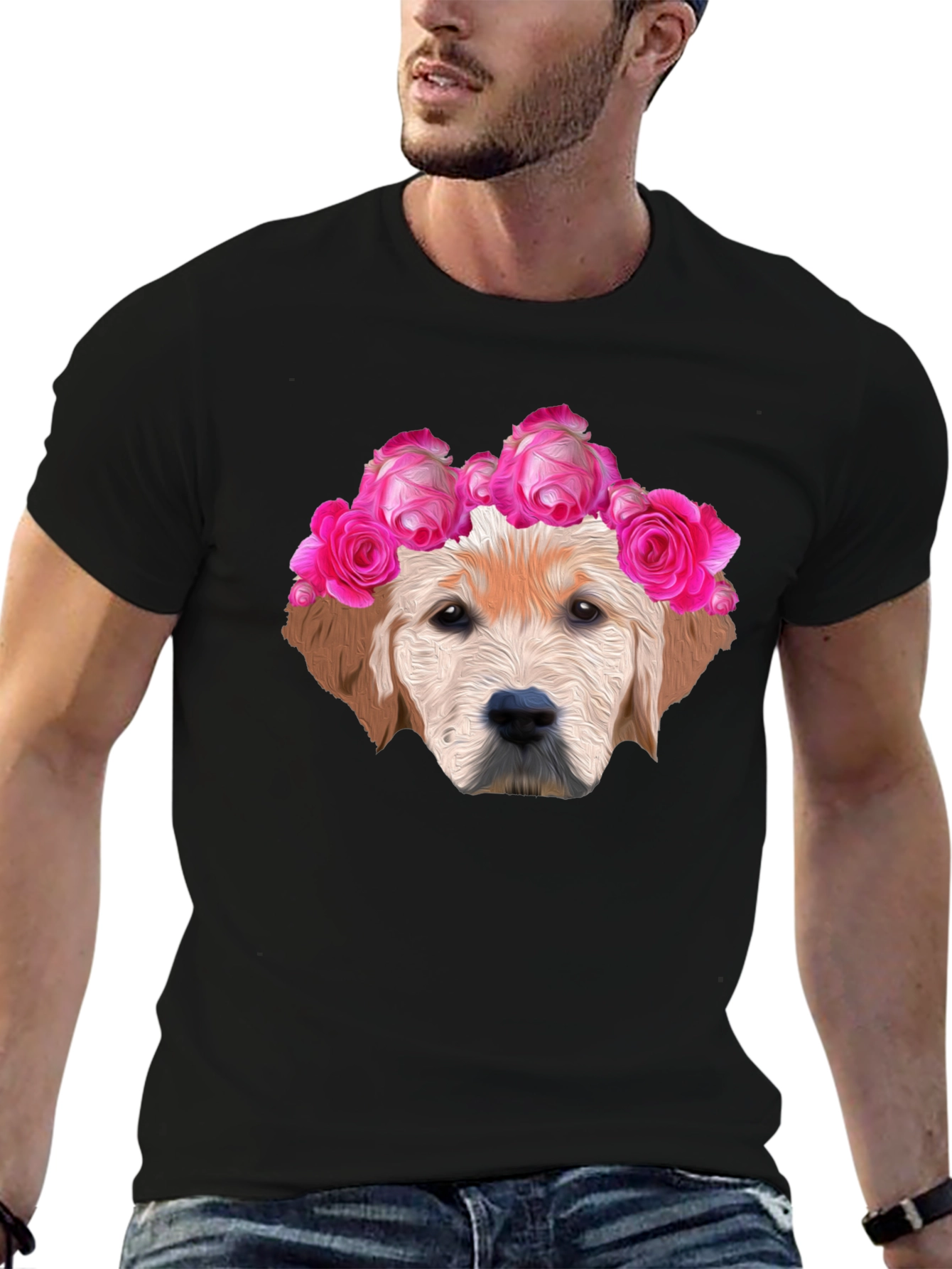 Dog with Floral Crown Graphic Tee - Black