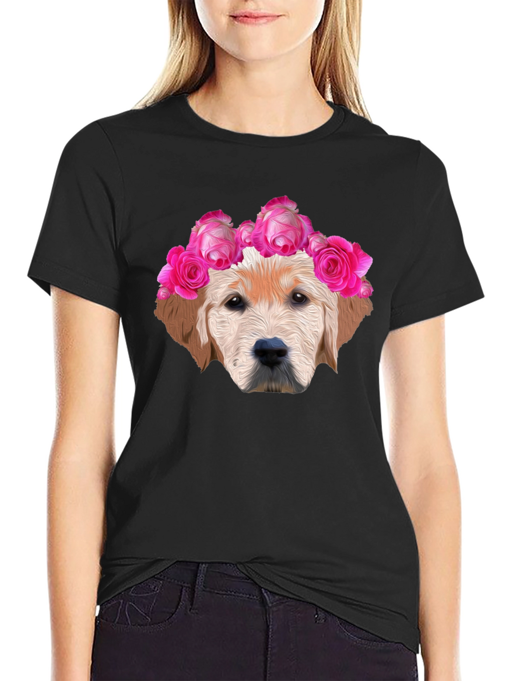 Dog with Floral Crown Graphic Tee - Black
