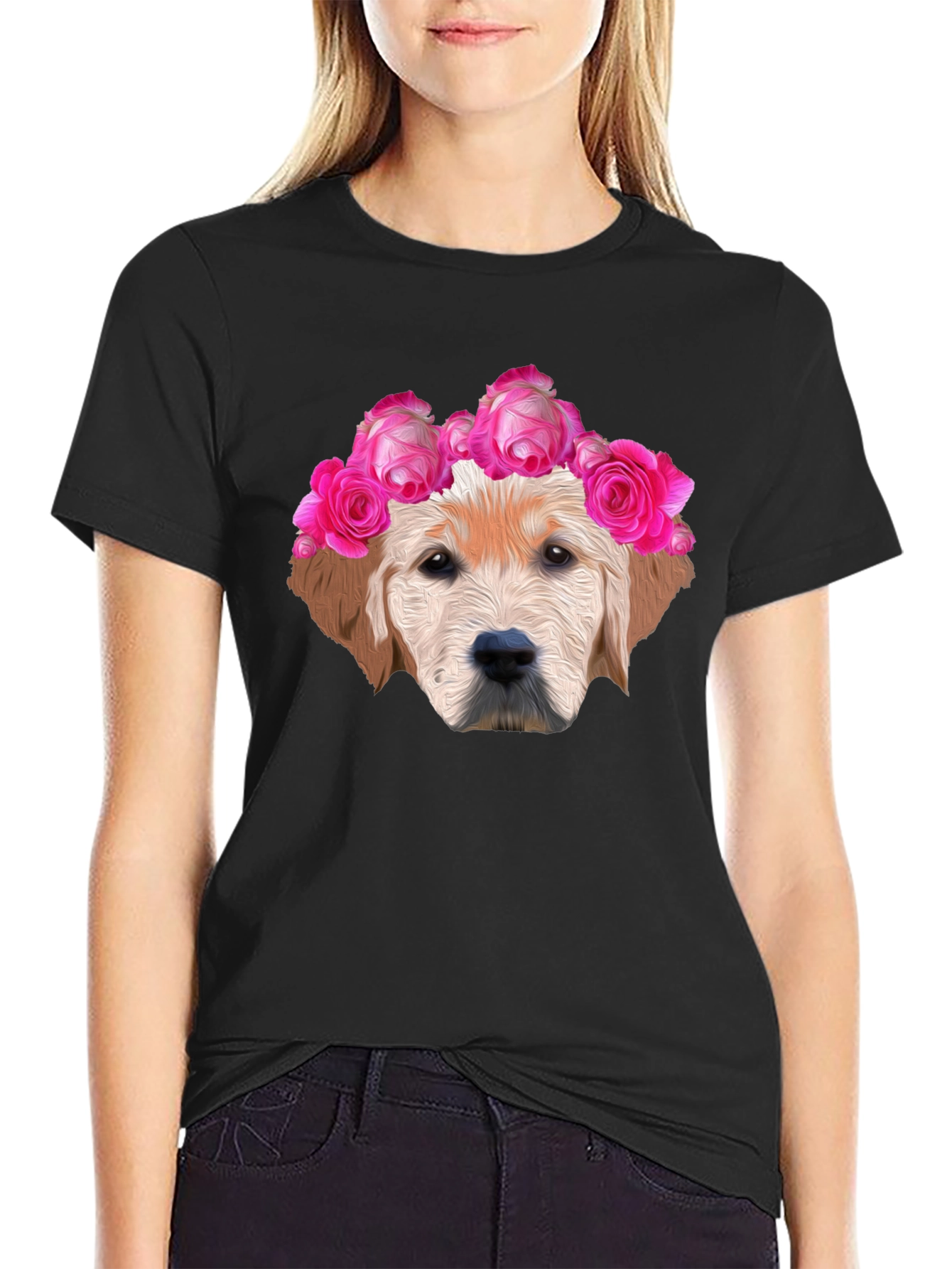 Dog with Floral Crown Graphic Tee - Black