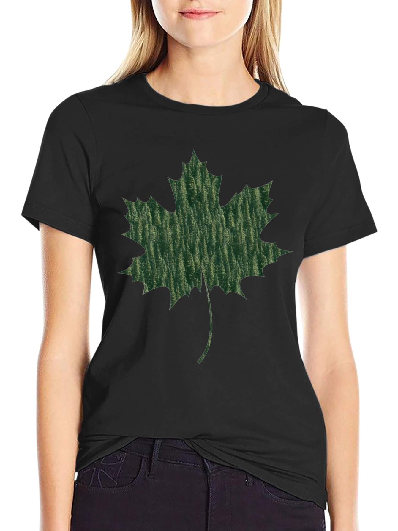 Maple Leaf Print Black T-Shirt
