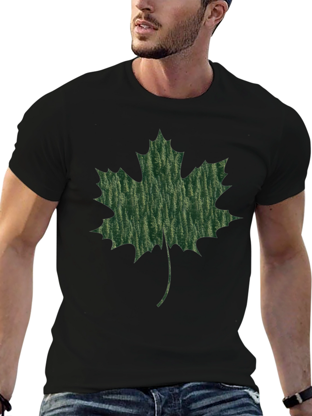 Maple Leaf Print Black T-Shirt