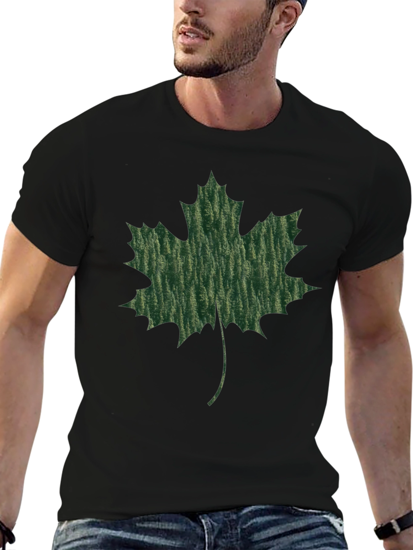 Maple Leaf Print Black T-Shirt