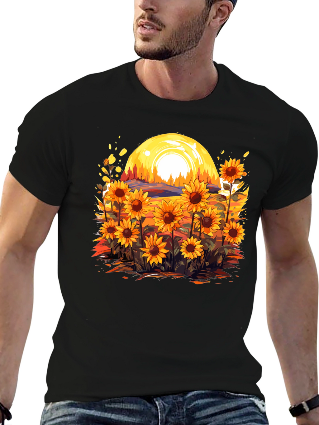 Sunflower Field Graphic Tee - Black Cotton Blend