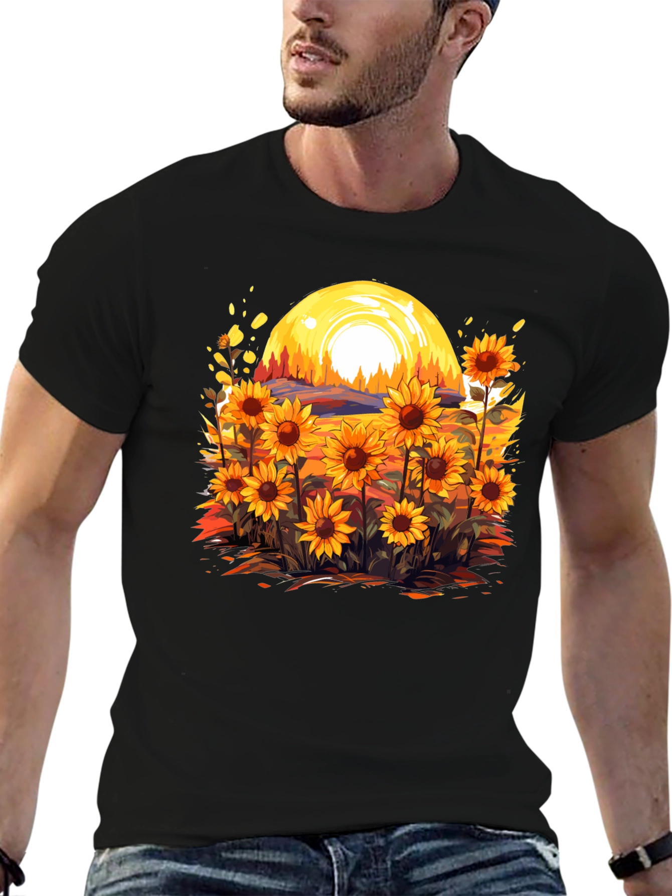 Sunflower Field Graphic Tee - Black Cotton Blend