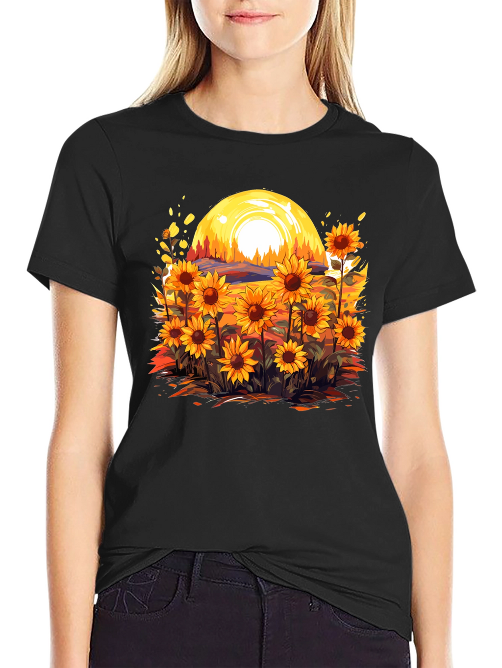 Sunflower Field Graphic Tee - Black Cotton Blend