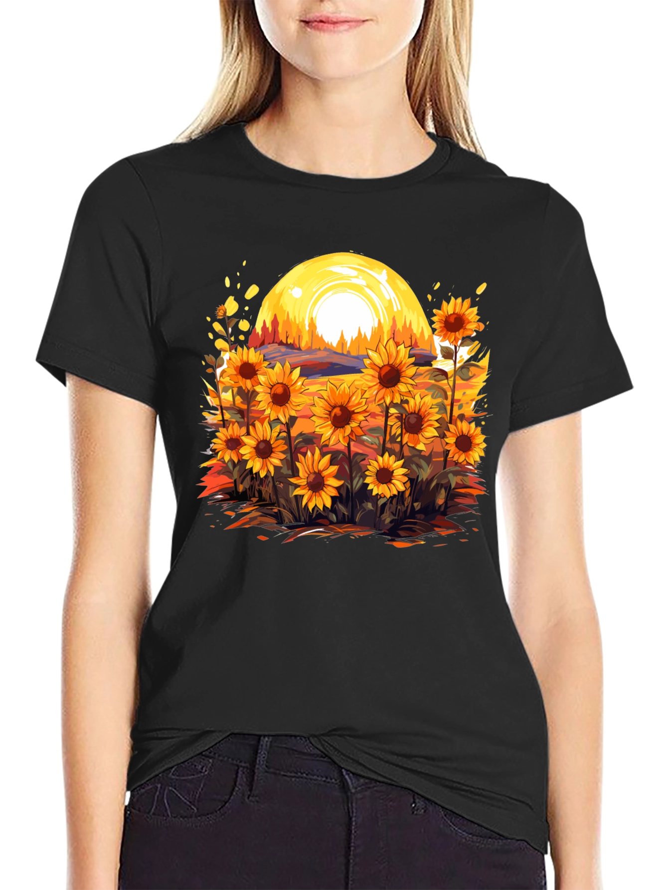 Sunflower Field Graphic Tee - Black Cotton Blend