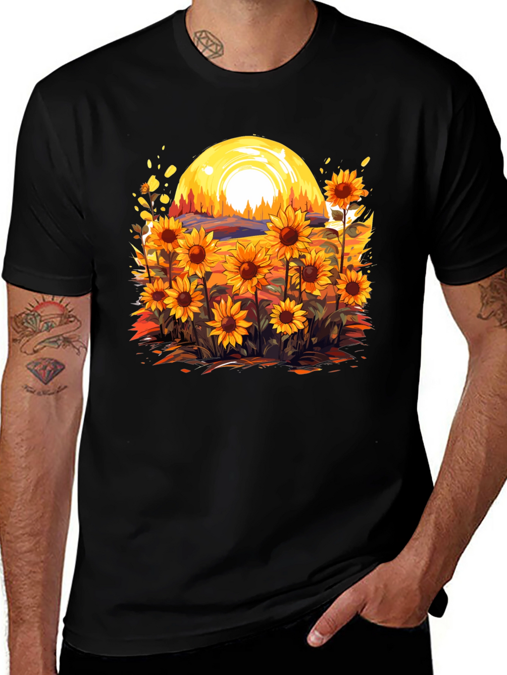 Sunflower Field Graphic Tee - Black Cotton Blend