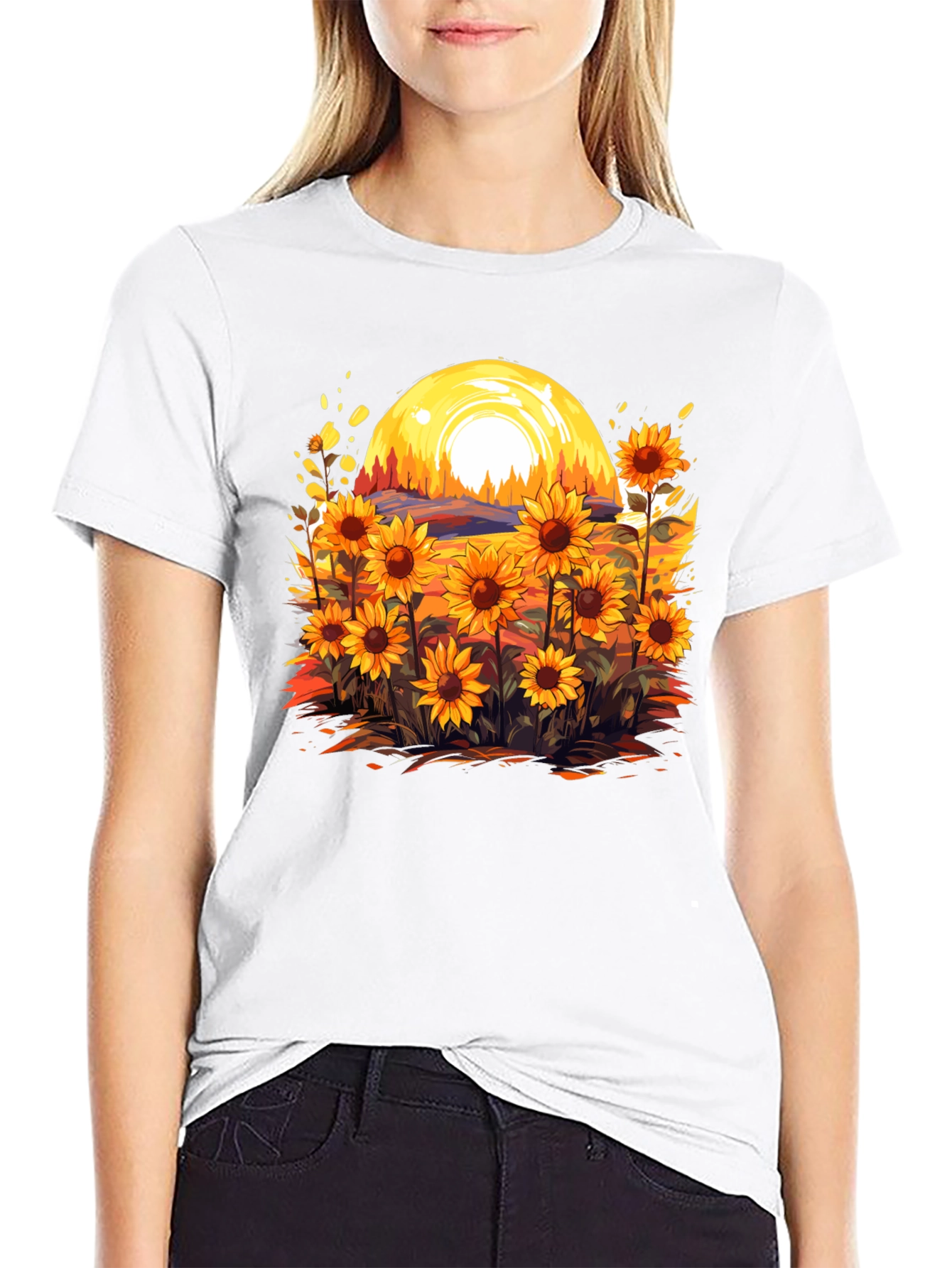 Sunflower Field Graphic Tee - Black Cotton Blend