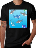 Cartoon Shark Pattern Black Cotton Tee