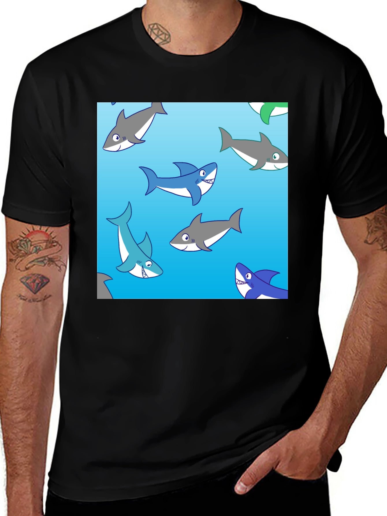 Cartoon Shark Pattern Black Cotton Tee