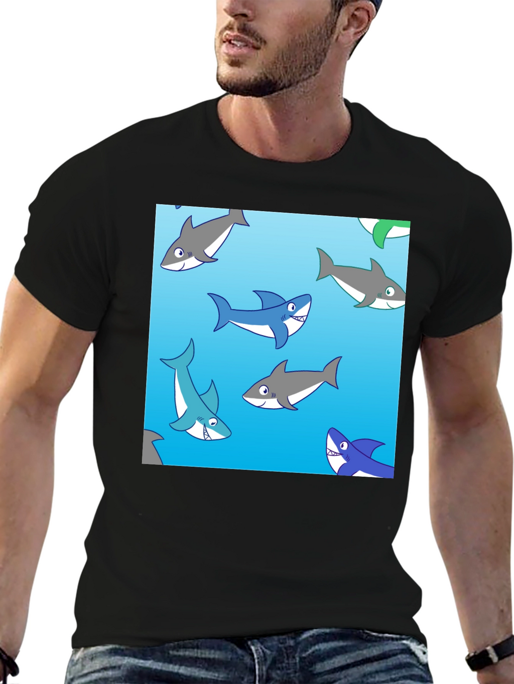 Cartoon Shark Pattern Black Cotton Tee