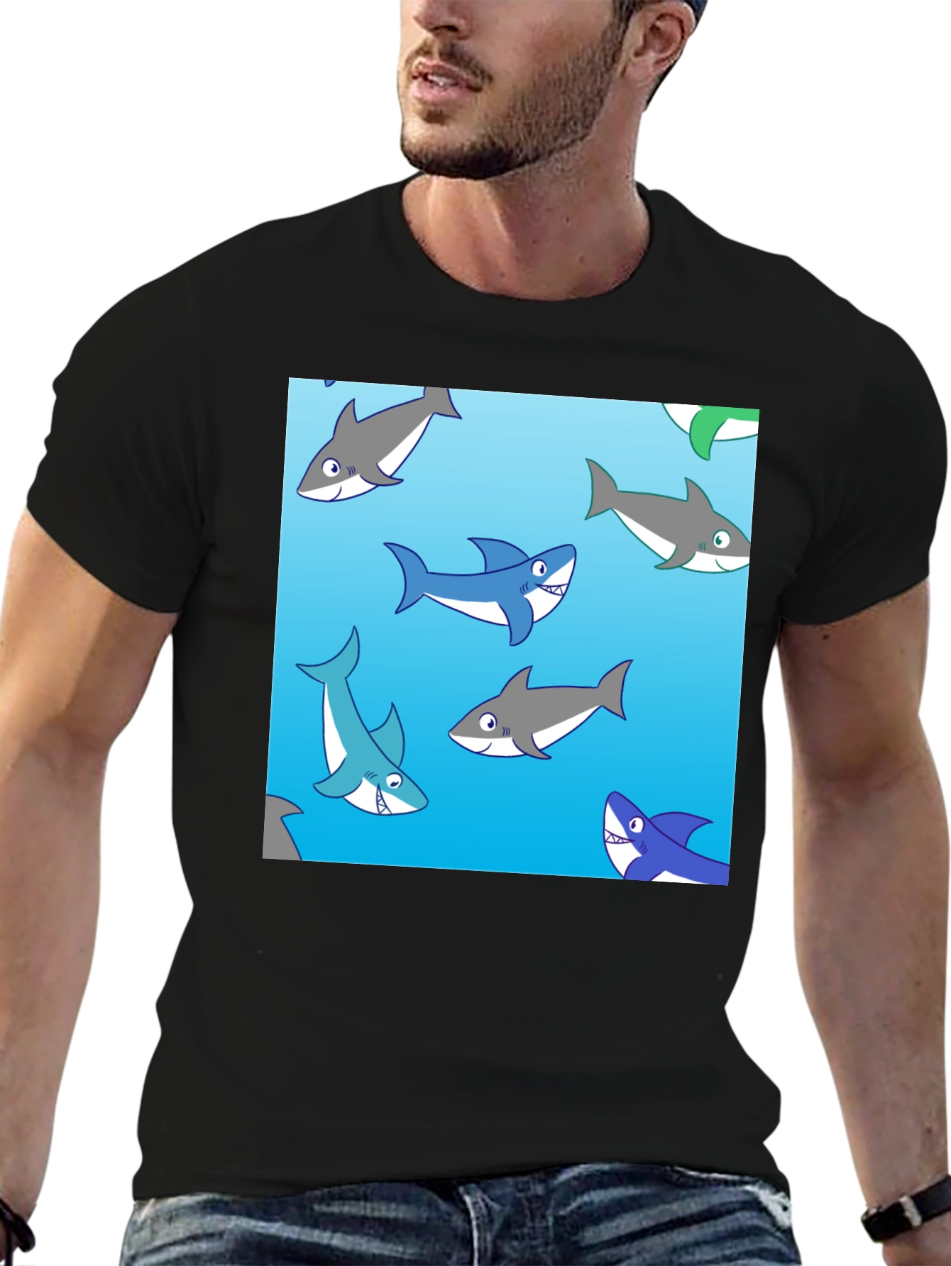 Cartoon Shark Pattern Black Cotton Tee