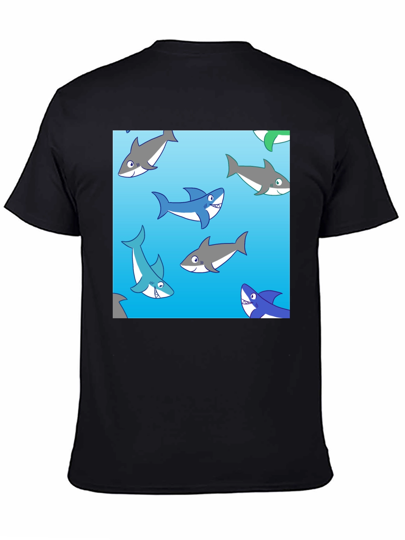 Cartoon Shark Pattern Black Cotton Tee