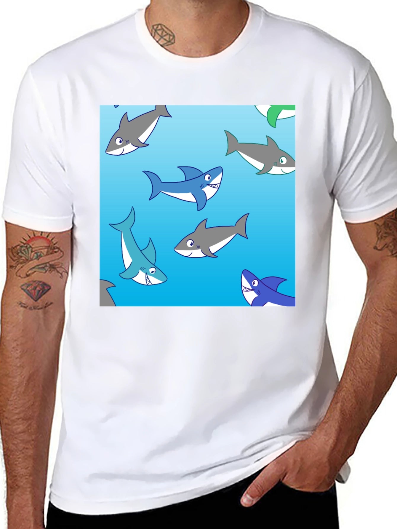 Cartoon Shark Pattern Black Cotton Tee