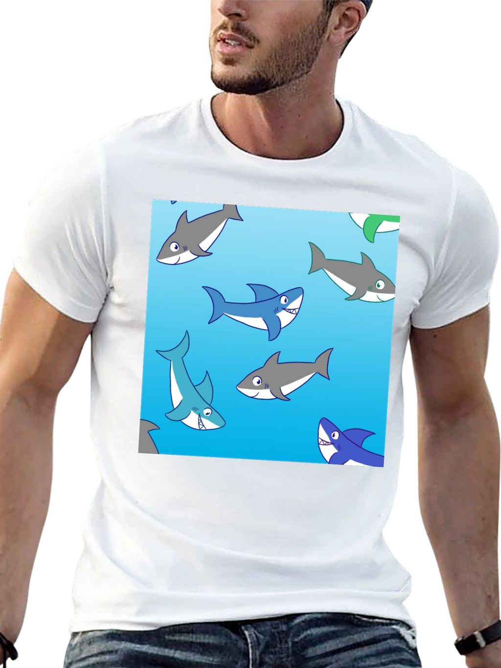 Cartoon Shark Pattern Black Cotton Tee