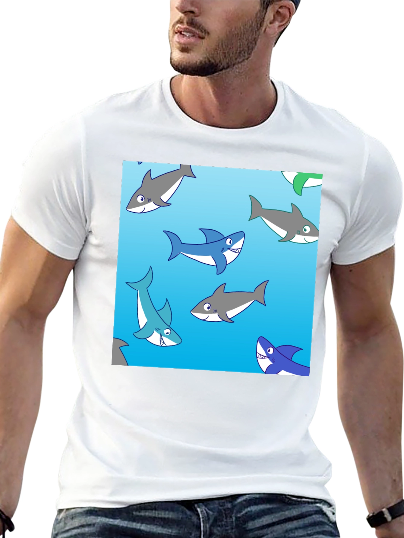 Cartoon Shark Pattern Black Cotton Tee