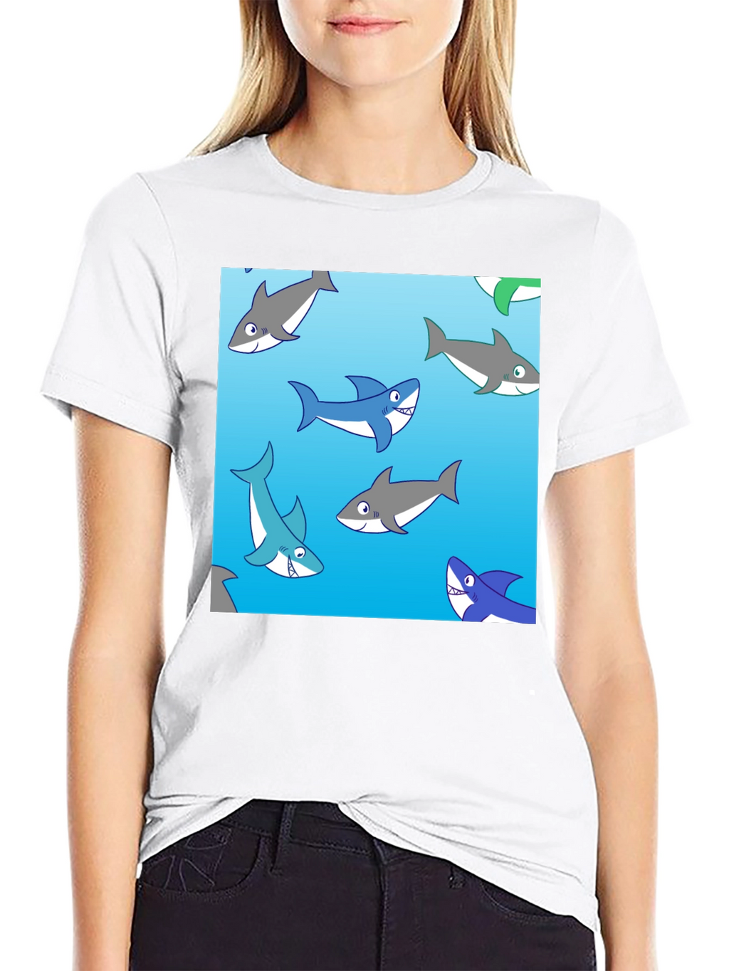 Cartoon Shark Pattern Black Cotton Tee