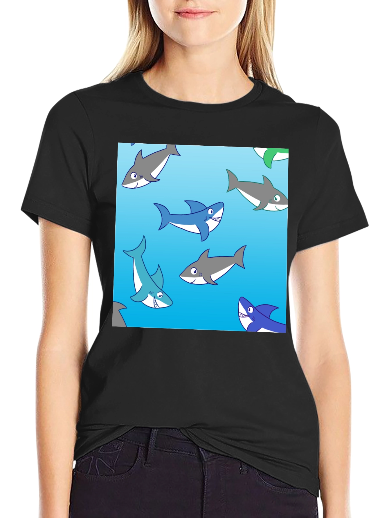 Cartoon Shark Pattern Black Cotton Tee